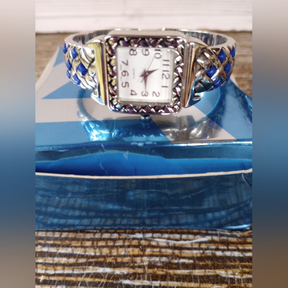 Avon Women's Blue & Silver Quartz Cuff Watch in box